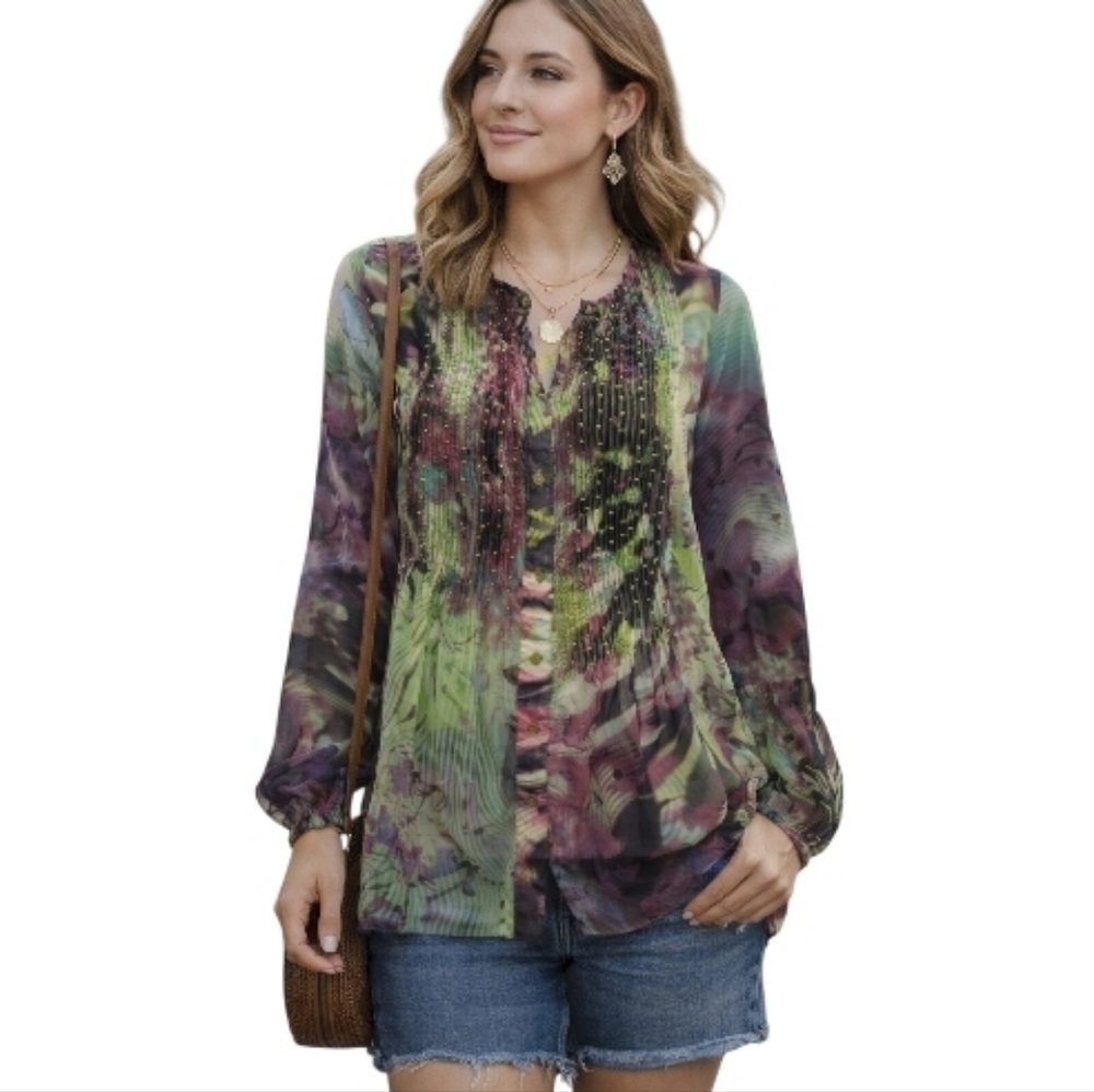 UO Urban outfitters Arnold Zimberg purple black green sheer shirt small pintuck